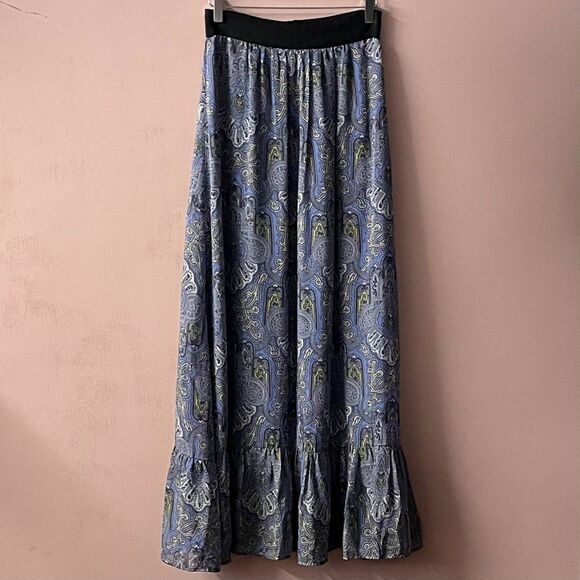 April, May Boho Blue Paisley Hook-Eye Closure Maxi Skirt - Picture 1 of 7